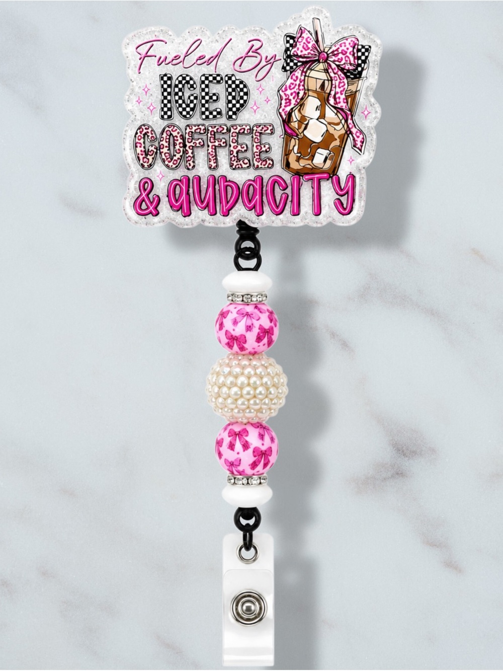 Fueled By Iced Coffee & Audacity Beaded Badge Reel